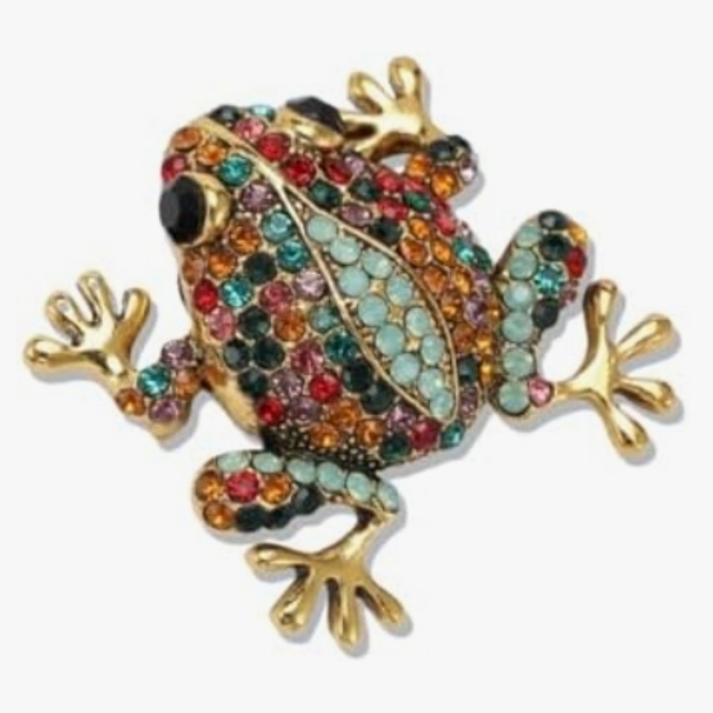 Multicolor Crystal Frog Brooch - Gold Tone